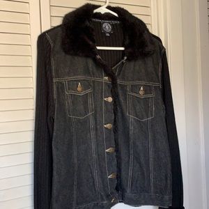 Denim, knit and faux fur trimmed jacket